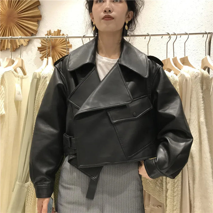 PU Leather Jacket Coat Ladies Basic Soft Short Outwear Punk Clothing Faux