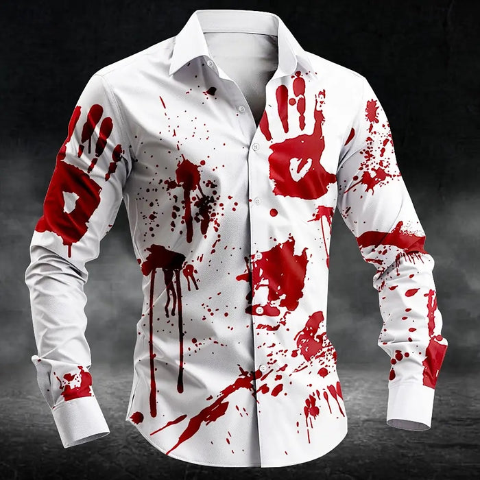 2025 Halloween Men's Letter Printed Blood Stains Shirt Button Up Shirt