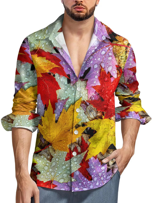 Men's shirt red maple leaf autumn long sleeve lapel shirt top shirt