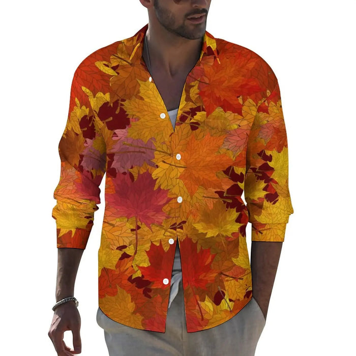 Men's shirt red maple leaf autumn long sleeve lapel shirt top shirt