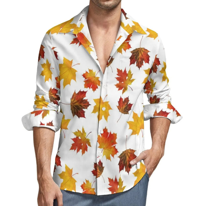 Men's shirt red maple leaf autumn long sleeve lapel shirt top shirt