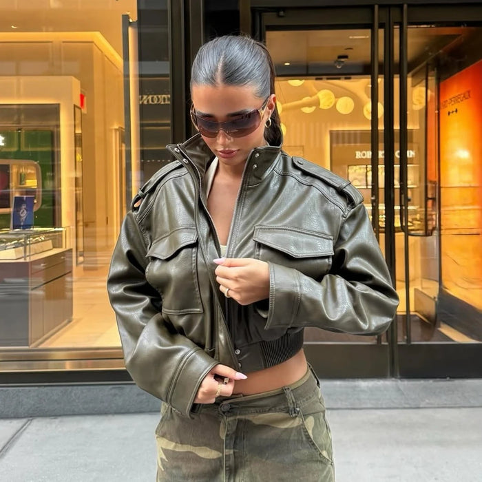 Suninheart Winter Faux Leather Bomber Jacket