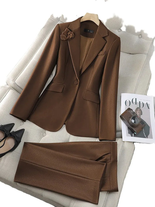 Autumn Winter Brown Apricot Women Pant Suit