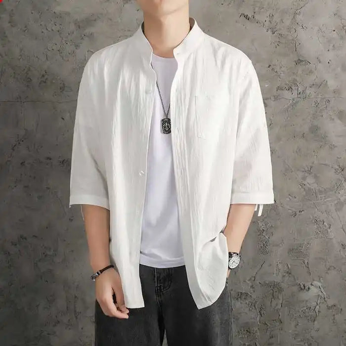 Cotton Linen Cropped Short Sleeved Shirt for Men's