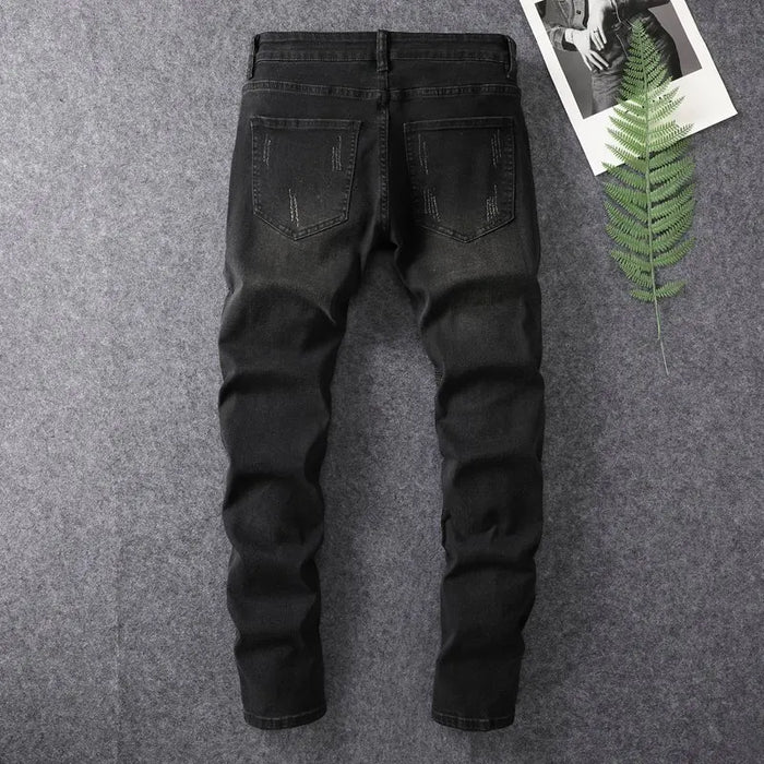 Black perforated color scale jeans for men