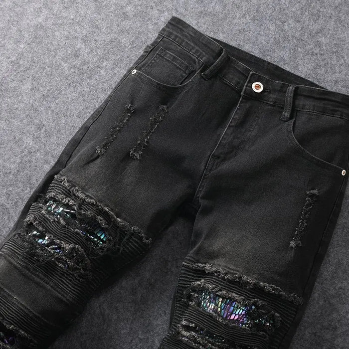 Black perforated color scale jeans for men
