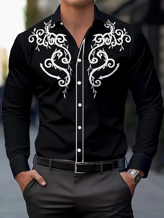 Men'S Fashion Print Shirt - Casual Polyester Long Sleeve Button-Down