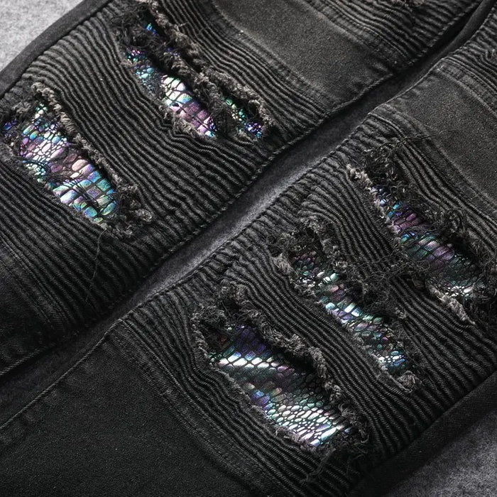 Black perforated color scale jeans for men