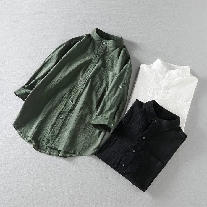 Cotton Linen Cropped Short Sleeved Shirt for Men's