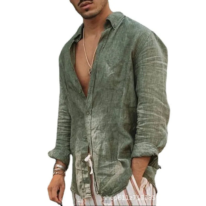 Men's casual long sleeve thin solid color lapel shirt