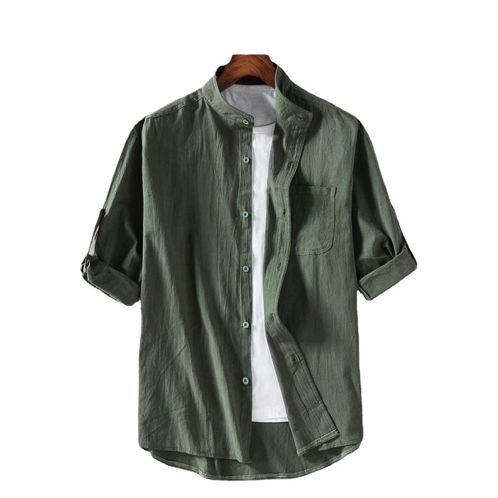 Cotton Linen Cropped Short Sleeved Shirt for Men's