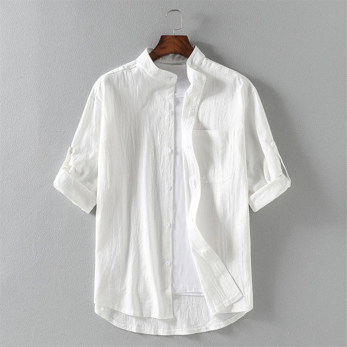 Cotton Linen Cropped Short Sleeved Shirt for Men's