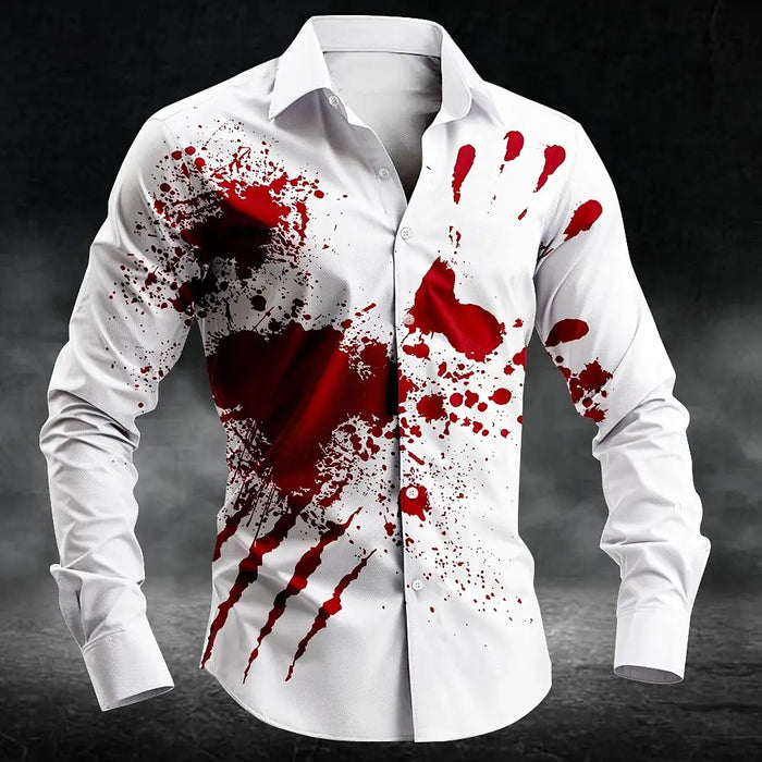 2025 Halloween Men's Letter Printed Blood Stains Shirt Button Up Shirt