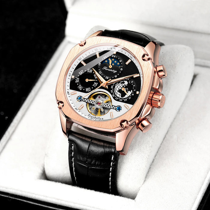 2026 New Square Waterproof Mechanical Watches Luxury Leather Watch For Men Tourbillon Multifunctional Automatic Date Wristwatch