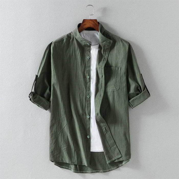 Cotton Linen Cropped Short Sleeved Shirt for Men's