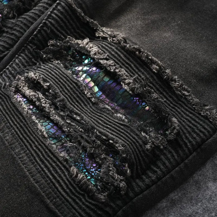 Black perforated color scale jeans for men