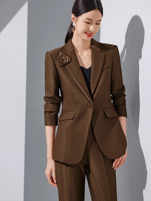 Autumn Winter Brown Apricot Women Pant Suit