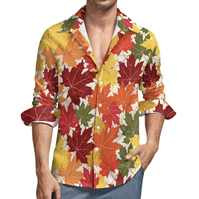 Men's shirt red maple leaf autumn long sleeve lapel shirt top shirt