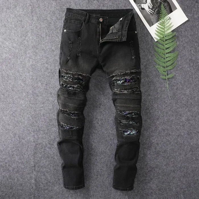Black perforated color scale jeans for men